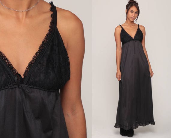 Black Nightgown Slip Dress 70s Maxi LACE Boho Sheer Lingerie Goth Low Back Vintage 1970s Gothic Empire Waist Deep V Small