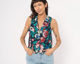 90s Floral Denim Vest Navy Teal Rose V Neck Sleeveless Cotton Pointed Hem Western Top Dark Cottagecore Flower Garden Vintage Extra Small XS