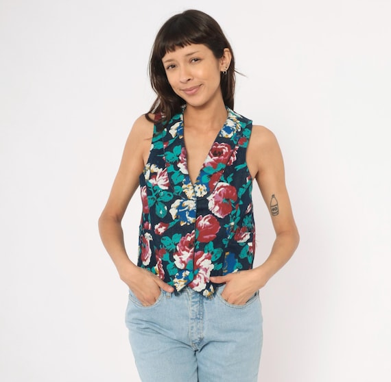 90s Floral Denim Vest Navy Teal Rose V Neck Sleeveless Cotton Pointed Hem Western Top Dark Cottagecore Flower Garden Vintage Extra Small XS
