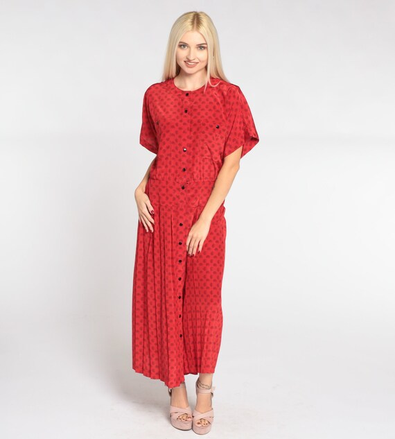 Red Shirt Dress 90s Midi Dress Paisley Dot Print Button up Short Sleeve Secretary Drop Waist Pleated Vintage 1990s Liz Claiborne Medium 8