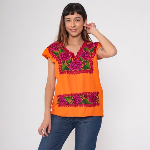 Orange Floral Blouse 90s Neon Mexican Embroidered Shirt Hippie Top Festival Tunic Bohemian Retro Short Sleeve Vintage 1990s Cotton Medium