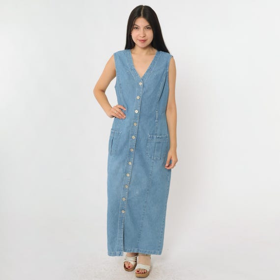 90s Denim Jumper Dress Vintage Button up Maxi Dress Blue Jean Retro V Neck Sleeveless Pinafore Dress 1990s Medium M
