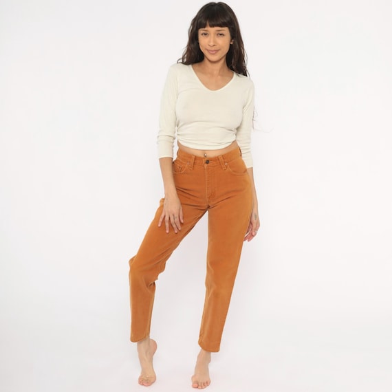 Mustard Levis Jeans 90s High Waisted Mom Cotton Denim Straight Leg Tapered Amber Gold Caramel Tan Brown Vintage Pants Trousers Women Small S