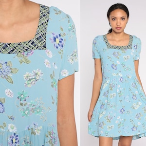 Baby Blue Floral Dress 90s Grunge Mini Dress Boho Square Neck A Line Short Sleeve High Waist Summer Day Dress Retro Vintage 1990s Small S