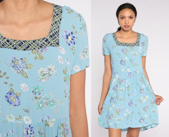 Baby Blue Floral Dress 90s Grunge Mini Dress Boho Square Neck A Line Short Sleeve High Waist Summer Day Dress Retro Vintage 1990s Small S