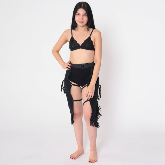 Black Suede Chaps 90s Fringe Leather Pants Assless Chaps Cowboy Rodeo Concho Capri Strap Club Festival Rave Vintage 1990s Extra Small Medium