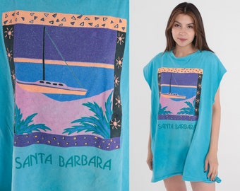 Santa Barbara Shirt 90s Muscle Tee Beach Boat Graphic T Shirt Tourist California TShirt Single Stitch Blue Cutoff Tank Top Vintage 1990s XL
