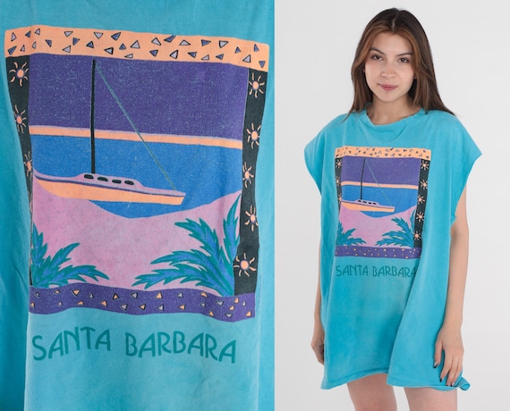 Santa Barbara Shirt 90s Muscle Tee Beach Boat Graphic T Shirt Tourist California TShirt Single Stitch Blue Cutoff Tank Top Vintage 1990s XL