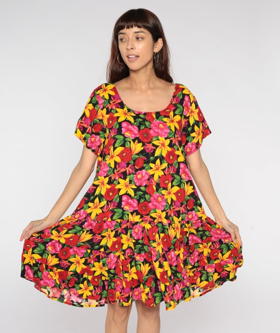 Bright Floral Dress 90s Tropical Flower Print Dre… - image 3