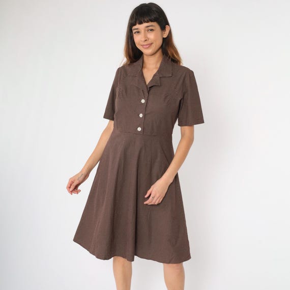 Vintage Polka Dot Dress Large 80s Button Up High Waisted Shirtdress Midi 1980s Short Sleeve A-Line Flared Collared Size L