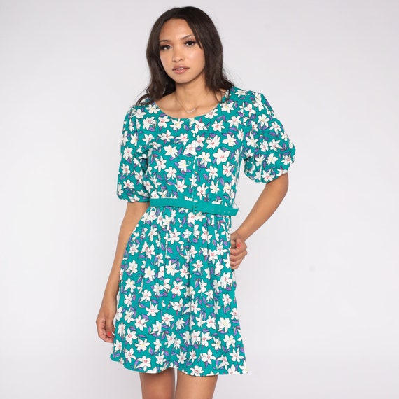 80s Floral Dress Teal Green White Mini Boho PUFF SLEEVE Dress Button Up Dress Vintage 1980s High Waisted Bohemian Belted Small Medium