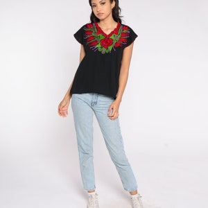 Black Embroidered Blouse Mexican Top Y2K Floral Rose Print Cotton Top Boho Hippie Shirt 00s Bohemian Vintage Tent Shirt Summer Small S image 2