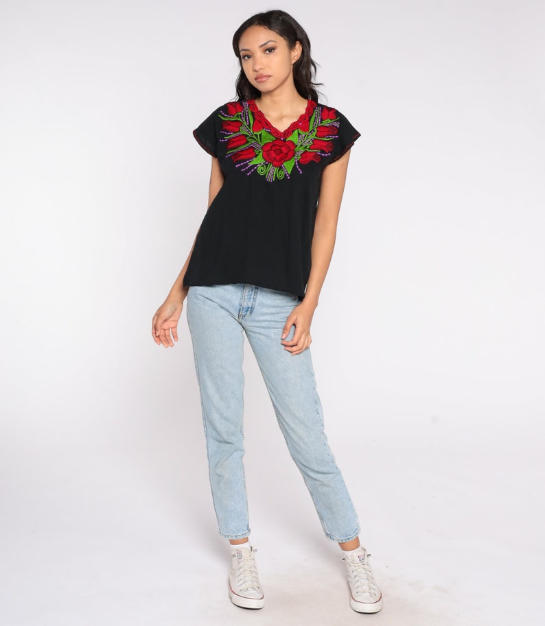 Black Embroidered Blouse Mexican Top Y2K Floral Rose Print Cotton Top Boho Hippie Shirt 00s Bohemian Vintage Tent Shirt Summer Small S image 2