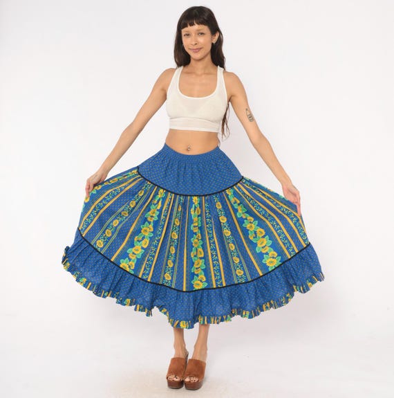 90s Sunflower Tiered Skirt Blue Yellow Floral Prairie Cotton Ruffle Hem Gathered French Provincial Peasant Countrycore Small Medium S M