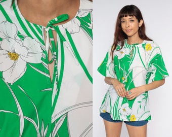 70s Floral Blouse Keyhole Necktie Shirt Green White Boho Top Neck Tie 1970s Vintage Retro Hippie Bohemian Medium