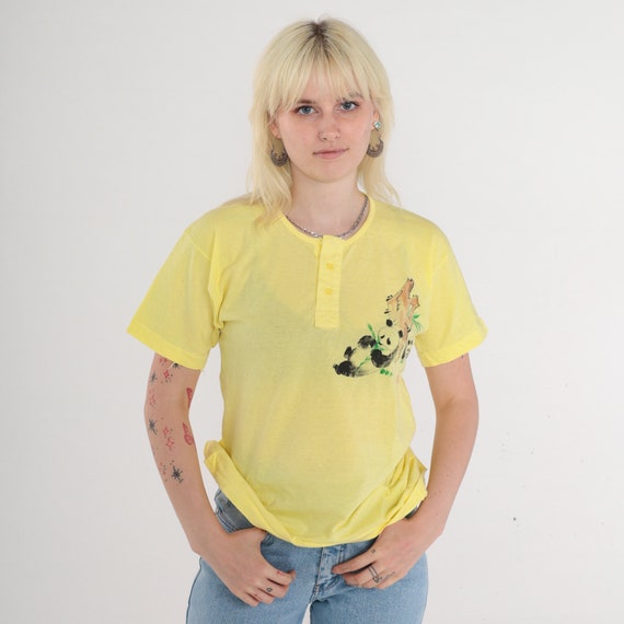 Panda T-Shirt 80s Yellow Henley Shirt Painted Animal Graphic Tee Wildlife Button up Semi-Sheer Thin Burnout Cotton Top Vintage 1980s Small S