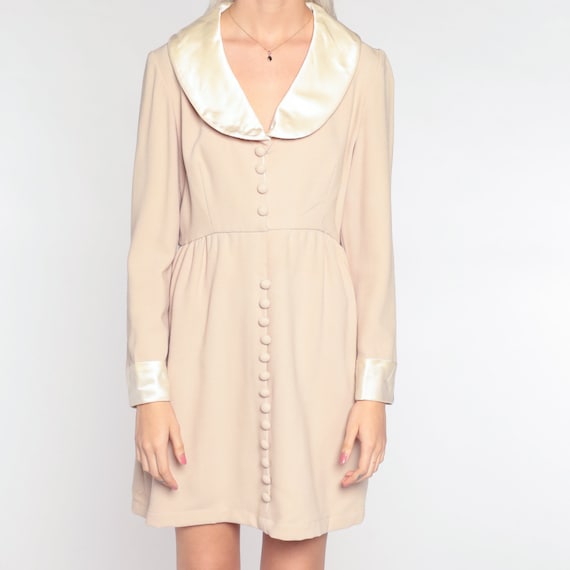 70s Mini Dress Beige Button Up Mod Dress Babydoll… - image 9