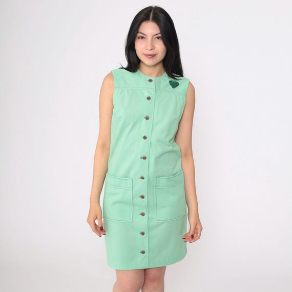 60s Mod Strawberry Dress Vintage Green Shift Mini Button Up Dress 70s Gogo Sleeveless Fruit Applique Patch 1960s Twiggy Retro Small xs s