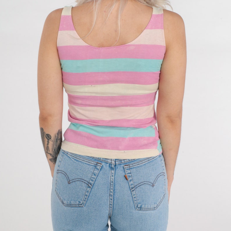 Striped Tank Top 80s Sleeveless T-Shirt Pink Blue Stripes Print Retro Casual Blouse Summer Shirt Cotton Vintage 1980s Extra Small xs image 6