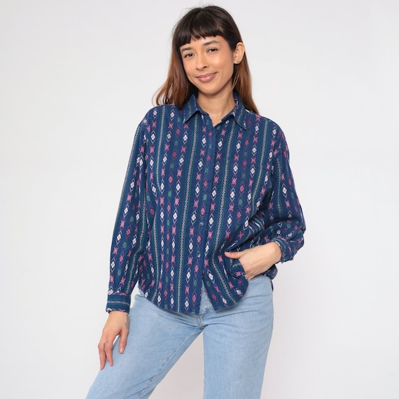 Argyle Print Shirt 90s Blue Hidden Button up Blouse Striped Diamond Long Sleeve Collared Top Retro Preppy Vintage 1990s Krazy Kat Large L