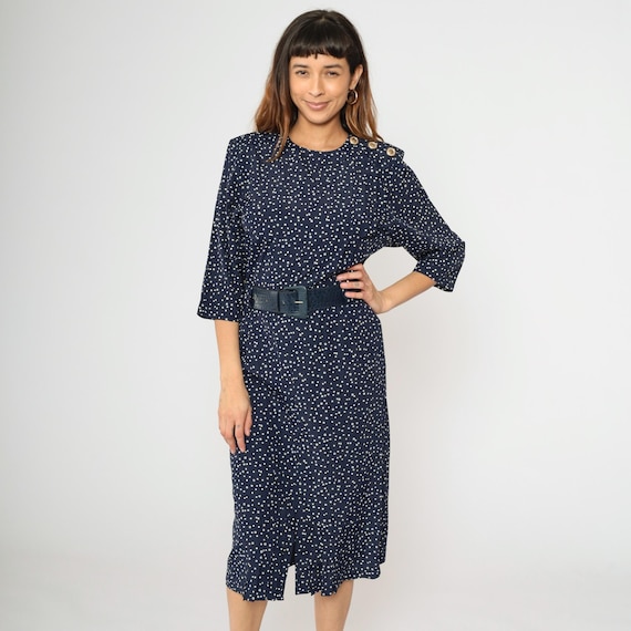 Vintage 80s Polka Dot Dress Navy Blue Pleated Bodice 3/4 Sleeve Dress Midi Secretary Dress Belted High Waist 1980s Pencil Skirt Small S