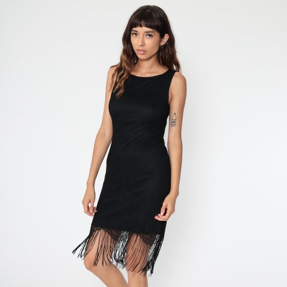 Black Fringe Dress LACE Flapper Gothic Mini 90s B… - image 3