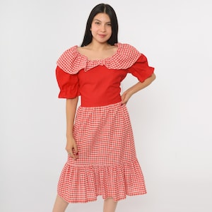 Vintage Gingham Prairie Dress 70s Cottagecore Red Midi Puff Sleeve Tiered Country Square Dance Ruffled Collar High Waist 1970s Medium Large