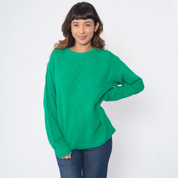 80s Diamond Knit Sweater Green Sweater Slouchy Kn… - image 3