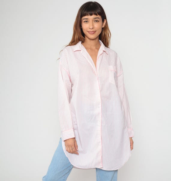 Pink Striped Shirt 90s White Button Down Long Sleeve Cotton Oversized Vintage Coquette Style Boyfriend Fit Casual Wear Apostrophe Medium M
