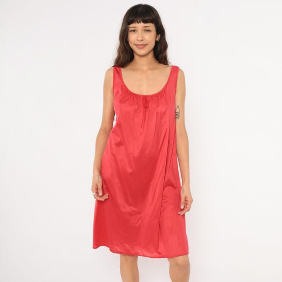 Red Satin Nightgown 80s Eve Moral Sleeveless Slip Dress Scoop Neck Knee Length Cherry Babydoll Crimson Lingerie Scarlet Chemise Medium M