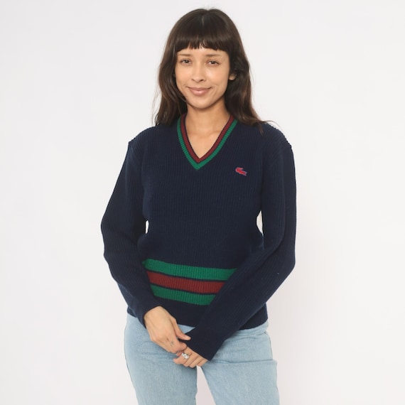 80s Izod Lacoste Sweater Navy Green Burgundy Stripe Collegiate Preppy Cricket Tennis Academic Wool Dark Academia Jumper Vintage Medium M