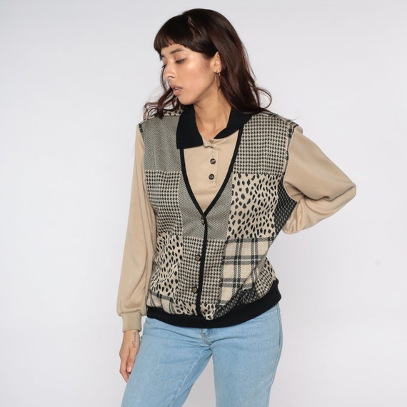 80s Patchwork Sweatshirt Attached Vest Checkered … - image 4