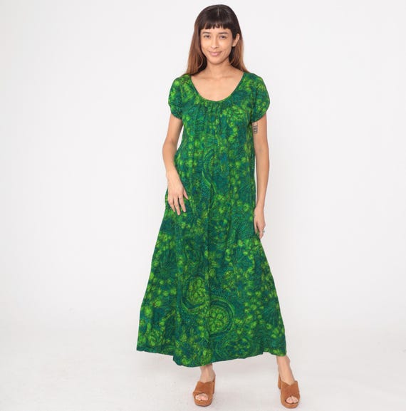 70s Emerald Green Dress Floral Print Cotton Short Sleeve Botanical Vintage Garden Lounge Psychedelic Leaf Pattern Summer Beach Day Medium M