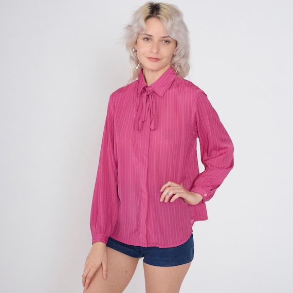 Deep Pink Striped Ascot Blouse 70s Necktie Top Semi-Sheer Pussy Bow Shirt Button Up Boho Long Sleeve Neck Tie Secretary Vintage 1970s Medium