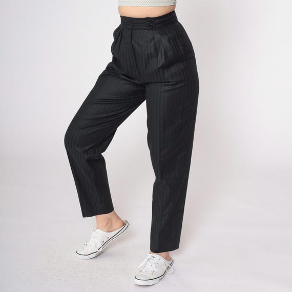 80s Black Trousers Pleated Pants High Waisted Rise Straight Subtle Stripe Tapered Leg Slacks Minimal Preppy Vintage 1980s Extra Small XS 36