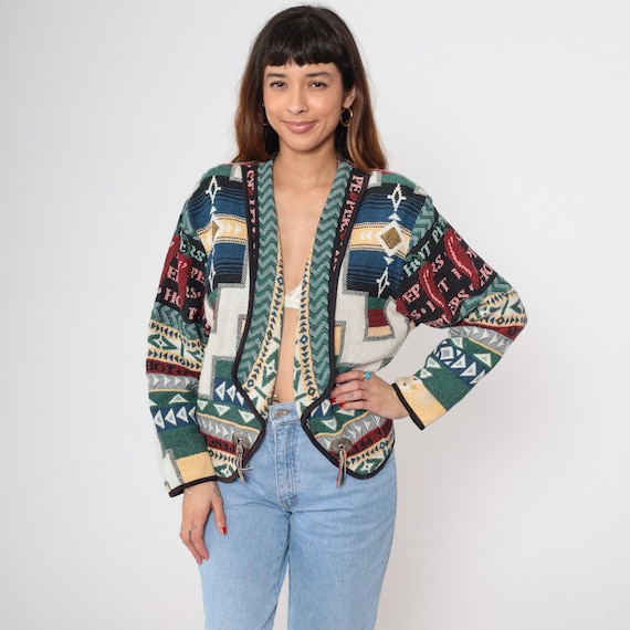 Southwestern Tapestry Blazer 90s Hot Pepper Woven Cotton Geometric Native American Style Vintage Open Front Boho Western Festival Medium M