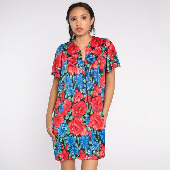 Floral Lounge Dress 80s Nightgown Retro Pajama Dress Lingerie Short Flutter Sleeve Mini Nightie Vintage 1980s Red Blue Extra Large L XL