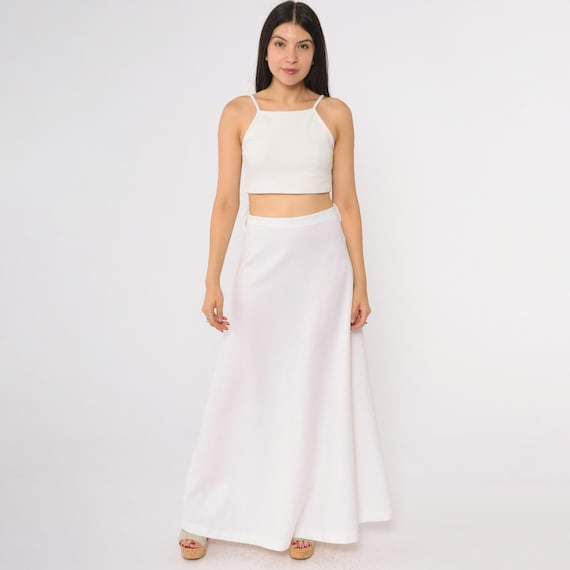 70s White Maxi Skirt Long Vintage Bohemian Beach Festival Summer Hippie Elastic Waist Goddess Dreamy Ethereal Romantic Medium M