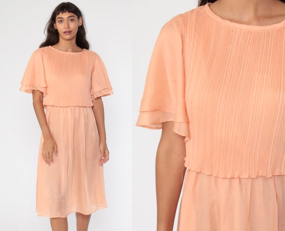 Orange Party Dress Grecian Dress 70s Midi FLUTTER SLEEVE 1970s Boho High Waist Drape Gown Formal Small