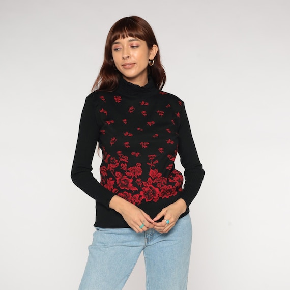 Red Floral Sweater 80s Black Turtleneck Rose Pattern Scattered Blooms Knit Romantic Gothic Cottagecore Dark Academia Vintage Fall Medium M 8