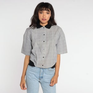 Chemise à carreaux noire Chemise à carreaux noire et blanche Chemisier boutonné à manches courtes Top imprimé à carreaux Preppy Vintage Oversize Small