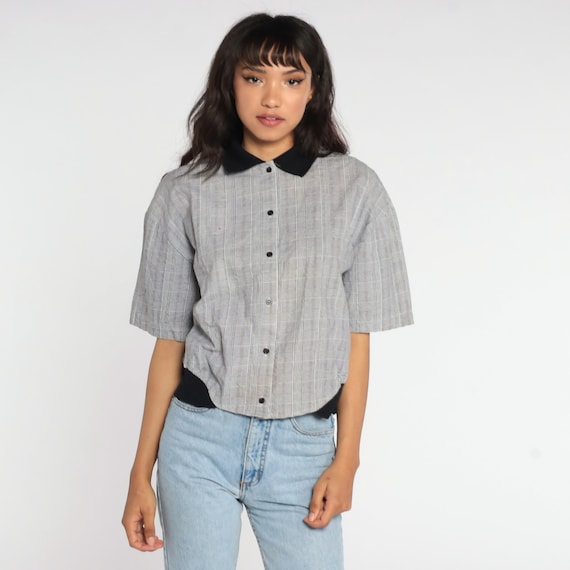 Black Checkered Shirt Black White Plaid Shirt 90s Button Up Blouse Short Sleeve Check Print Top Vintage Preppy Oversize Small