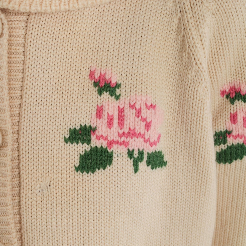 Cream Floral Cardigan 70s Wool Button up Knit Sweater Rose Flower Print Shawl Collar Retro Grandma Bohemian Pink Vintage 1970s Medium M image 5