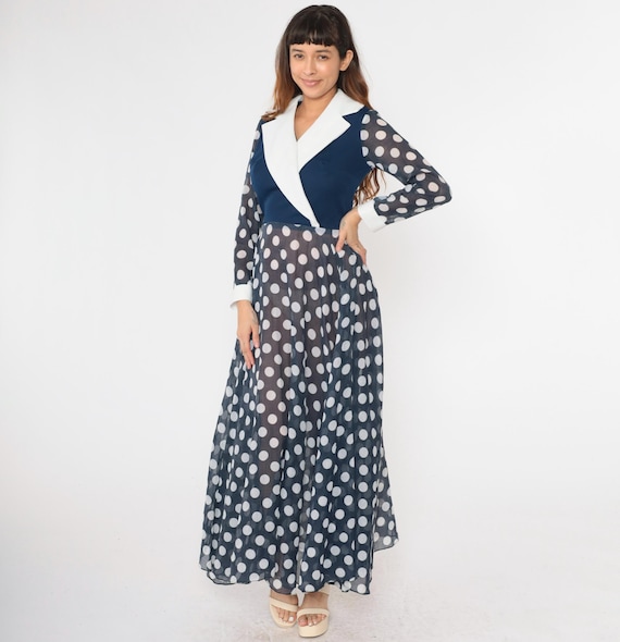 70s Polka Dot Maxi Dress Long Mod Faux Wrap Dark Blue High Waist Long Sheer Sleeve White Contrast Collar Retro Vintage 1970s Small Medium