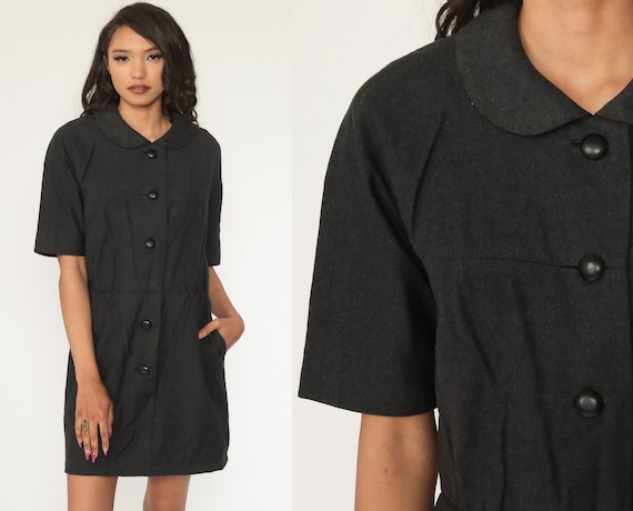 Mod Wool Dress 60s Peter Pan Collar Dress Charcoal Dress High Waisted Grey Button Up Mini 1960s Twiggy Shift Vintage Medium
