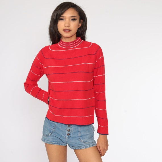 Red Striped Sweater 70s Sweater Knit Pullover Mock Neck Sweater White 1970s Bohemian Hippie Vintage Small Medium
