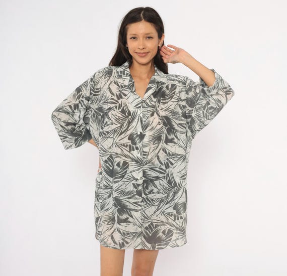 90s Tropical Leaf Shirt Dress Grey Charcoal Palm Print Button Front V Neck Notched Collar Relaxed Fit Mini Tunic Vintage Extra XL