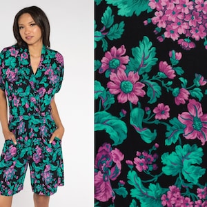80s Floral Romper 90s Summer Playsuit High Waist Wrap V Neck Grunge Romper Dress One Piece Wide Leg Summer Black Green Purple Pocket Medium