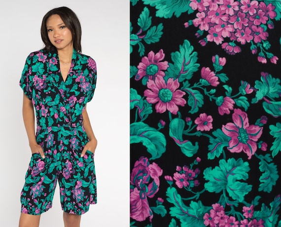 80s Floral Romper 90s Summer Playsuit High Waist Wrap V Neck Grunge Romper Dress One Piece Wide Leg Summer Black Green Purple Pocket Medium