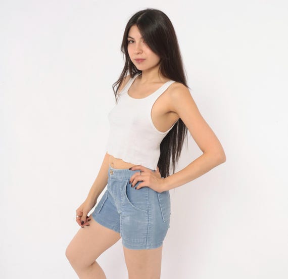 80s Light Blue Corduroy Shorts High Waisted Towncraft Sky Powder Cotton Cuffed Button Front Summer Hot Pants Vintage Womens Extra Small XS